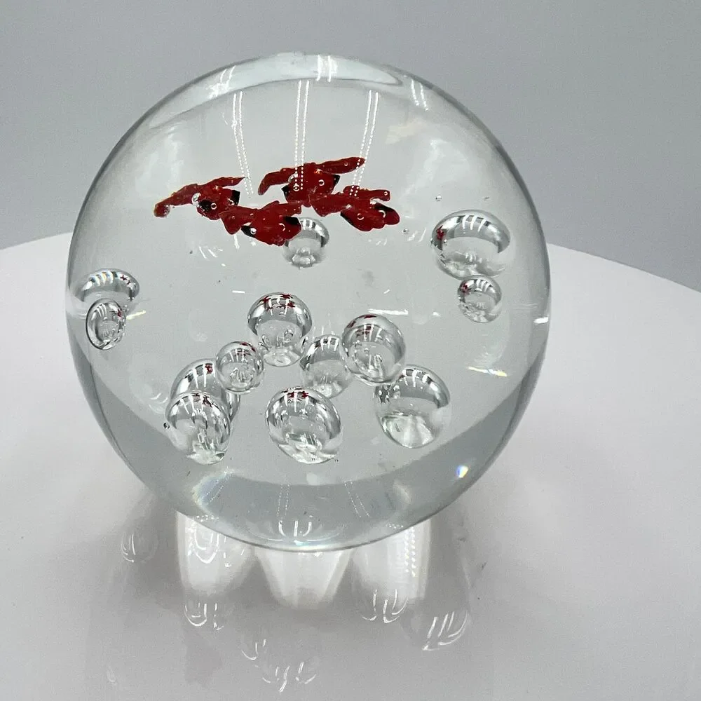 Tozai Clear Round Paperweight w/4 Orange Fish Bulging Eyes Controlled Bubbles